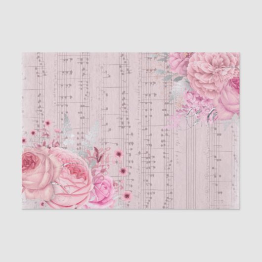 ヴィンテージ・ミュージック・シートのピンクの花 薄葉紙 (正面)