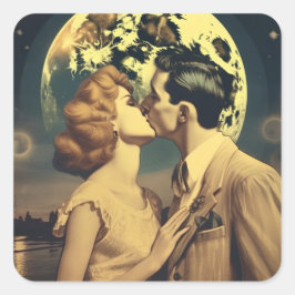 ヴィンテージ ムーンリット キス レトロ ロマンス アート スクエアシール