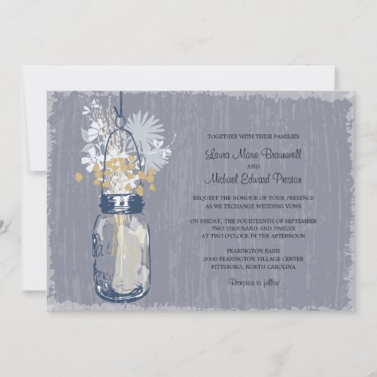 ヴィンテージ・メイソンの瓶と野結婚花の 招待状 (正面)