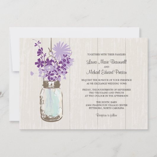 ヴィンテージ・メイソンの瓶と野結婚花の 招待状 (正面)