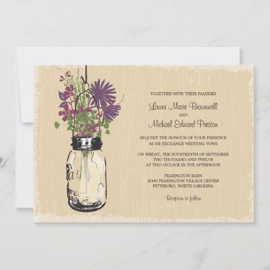 ヴィンテージ・メイソンの瓶と野結婚花の 招待状 (正面)