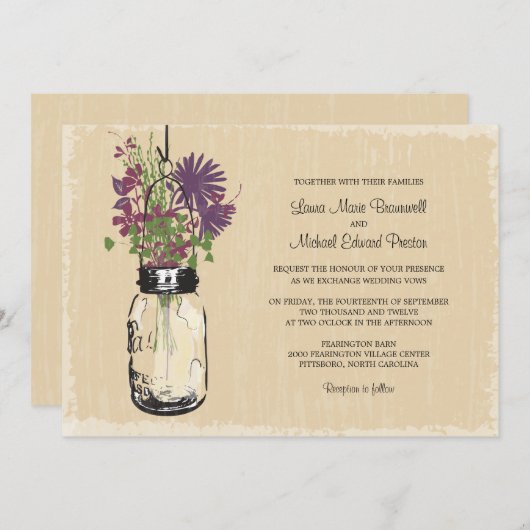 ヴィンテージ・メイソンの瓶と野結婚花の 招待状 (正面/裏面)