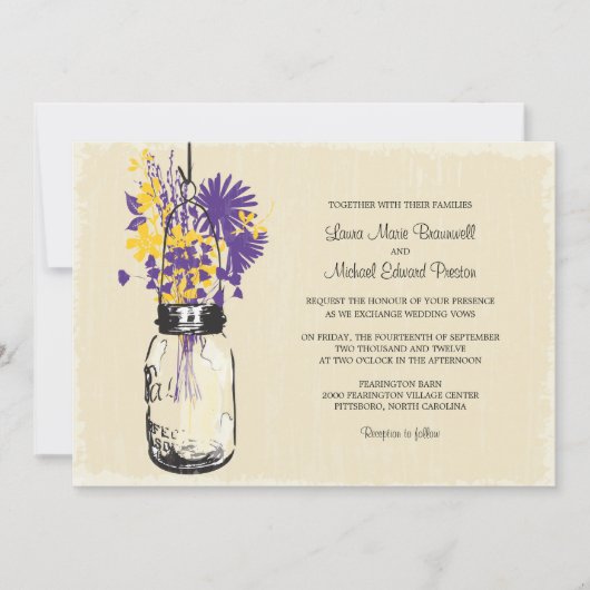 ヴィンテージ・メイソンの瓶と野結婚花の 招待状 (正面)