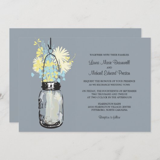 ヴィンテージ・メイソンの瓶と野結婚花の 招待状 (正面/裏面)