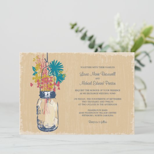 ヴィンテージ・メイソンの瓶と野結婚花の 招待状 (スタンド正面)