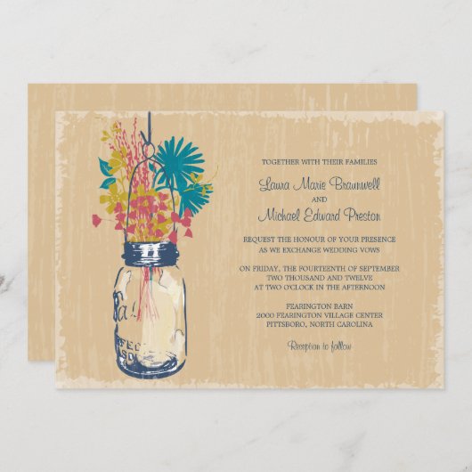 ヴィンテージ・メイソンの瓶と野結婚花の 招待状 (正面/裏面)