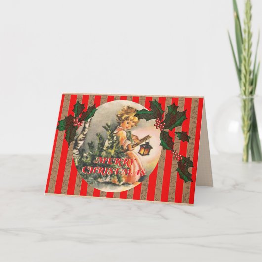 ヴィンテージ「メリークリスマス」と小さな女の子 シーズンカード (正面)