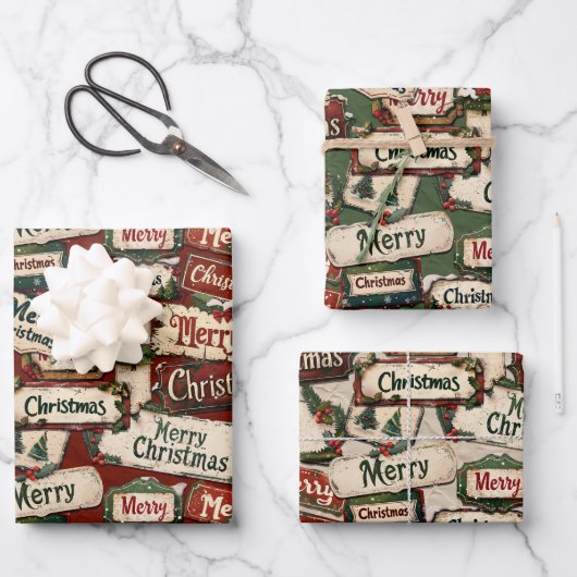 ヴィンテージ メリークリスマス プラークとサイン ラッピングペーパーシート (正面)