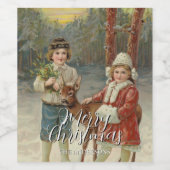 ヴィンテージ メリークリスマス 鹿と子供たち ワインラベル (シングルラベル)