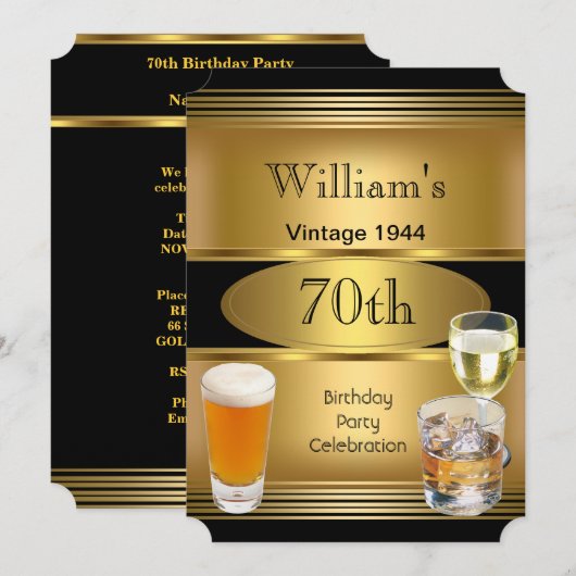 ヴィンテージ メンズ 70歳 誕生日パーティー ゴールド ビール 招待状 (正面/裏面)