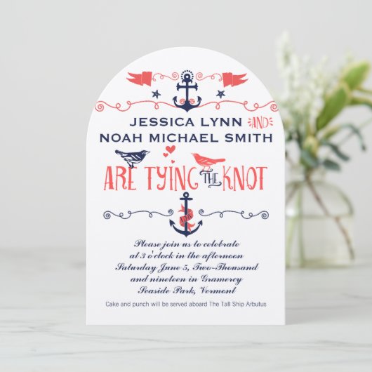 ヴィンテージ モダン コーラル バード ネイビー ナウティカル ウェディング 招待状 (スタンド正面)