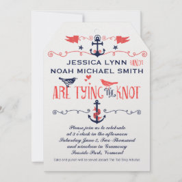 ヴィンテージ モダン コーラル バード ネイビー ナウティカル ウェディング 招待状