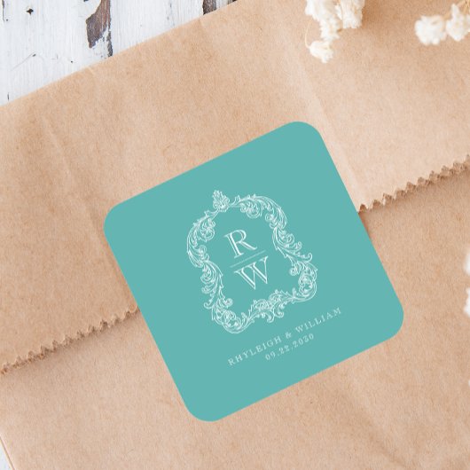 ヴィンテージ モノグラム クレスト ネーム ターコイズ ウェディング スクエアシール