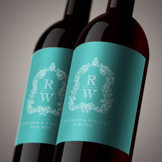ヴィンテージ モノグラム クレスト ネーム ターコイズ ウェディング ワインラベル