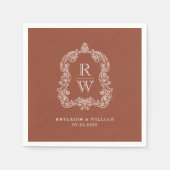 ヴィンテージ モノグラム クレスト ネーム テラコッタ ウェディング スタンダードカクテルナプキン (正面)