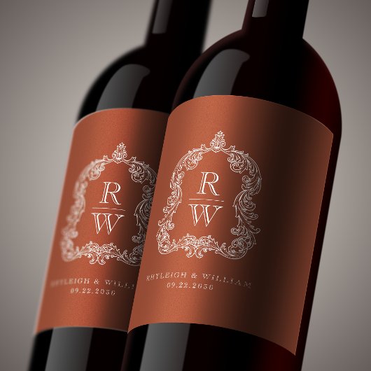 ヴィンテージ モノグラム クレスト ネーム テラコッタ ウェディング ワインラベル