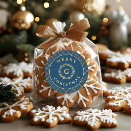 ヴィンテージ モノグラム リース ブルー プリント柄 クリスマス ラウンドシール