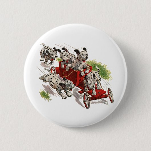 ヴィンテージ ユーモア かわいい ダルメシアン 子犬 犬 消防車 缶バッジ (正面)