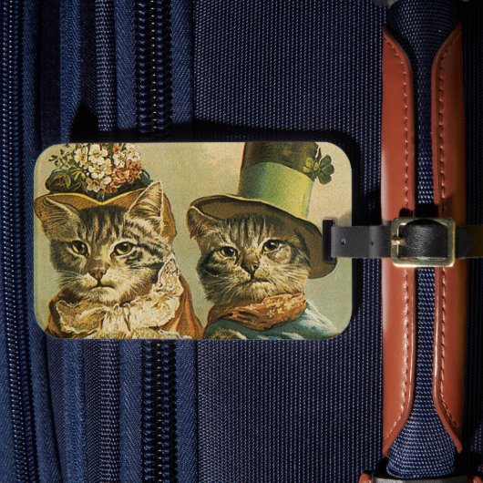 ヴィンテージ ユーモア、ビクトリア朝の猫の花嫁と新郎の猫が帽子をかぶる ラゲッジタグ (正面インサイチュ4)