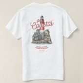 ヴィンテージ ライトハウスと海岸の村 グラフィック Tシャツ (デザイン裏面)