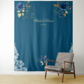ヴィンテージ ライトブルー 花 モチーフ ゴールド ウェディング プロップ タペストリー (インサイチュ)