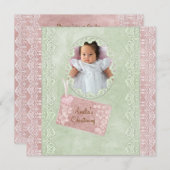 ヴィンテージ ライラック ピンク グリーン 女の子 写真 洗礼 招待状 (正面/裏面)