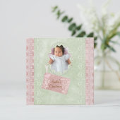 ヴィンテージ ライラック ピンク グリーン 女の子 写真 洗礼 招待状 (スタンド正面)