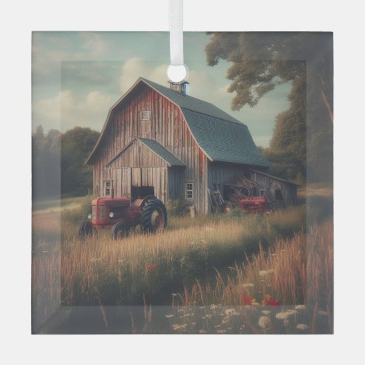 ヴィンテージ/ラスチック納屋とトラクタアート ガラスオーナメント (正面)