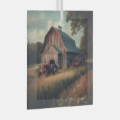 ヴィンテージ/ラスチック納屋とトラクタアート ガラスオーナメント (正面右)