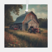 ヴィンテージ/ラスチック納屋とトラクタアート ガラスオーナメント (裏面)