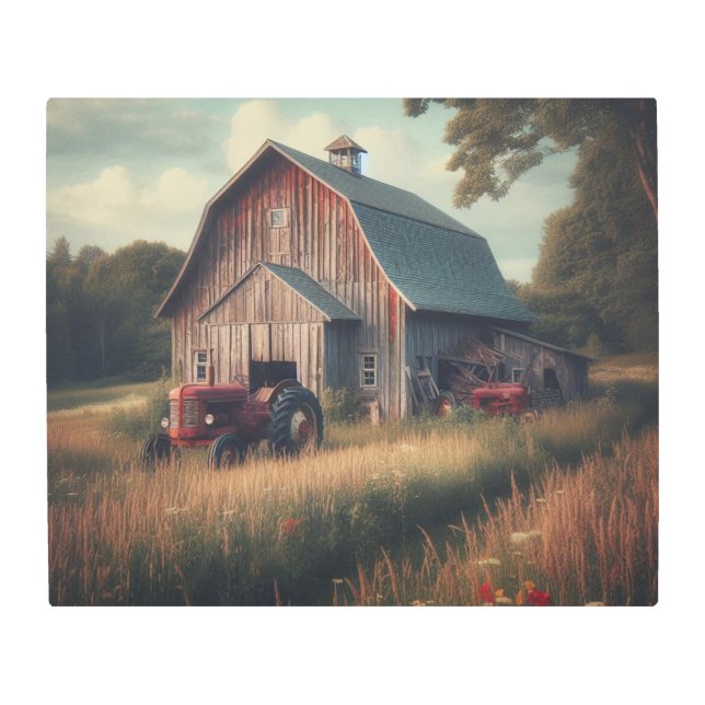 ヴィンテージ/ラスチック納屋とトラクタアート メタルプリント (正面)