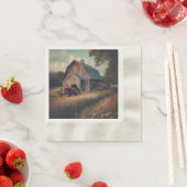 ヴィンテージ/ラスチック納屋とトラクタアート 縁ありカクテルナプキン (インサイチュ)