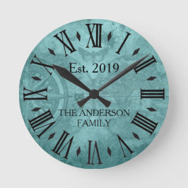 ヴィンテージ ラスティック ファミリー ネーム ワールド マップ ローマ数字 ラウンド壁時計