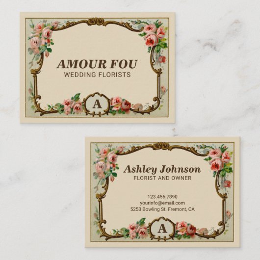 ヴィンテージ ラスティック フラワーモノグラム ウェディング フローリスト 名刺 (正面/裏面)