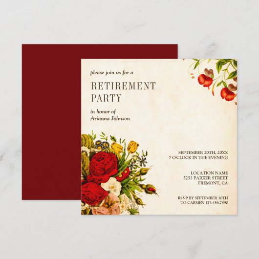 ヴィンテージ ラスティック フローラル ローズ 引退パーティー 招待状 (正面/裏面)