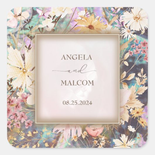 ヴィンテージ ラスティック ボヘミアンフラワー ウェディング スクエアシール (正面)