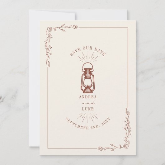 ヴィンテージ ラスティック ランタン テラコッタ ウェディング セーブザデート (正面)