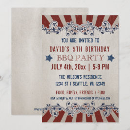 ヴィンテージ ラスティック レッドとブルー メモリアルデイ バースデー 招待状