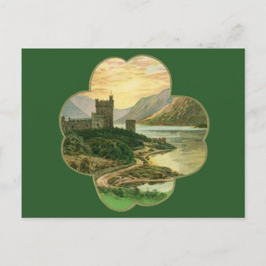 ヴィンテージ・ラッキー・金ゴールド・シャムロックとアイルランドの城 ポストカード (正面)