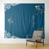 ヴィンテージ ラッセル ブルー フラワー ゴールド ウェディング プロップ タペストリー (インサイチュ(横))