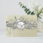 ヴィンテージ ラブバード オリーブ ミュージカル スクロール ウェディング 出欠カード (スタンド正面)