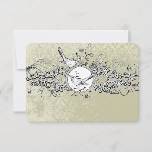ヴィンテージ ラブバード オリーブ ミュージカル スクロール ウェディング 出欠カード (正面)