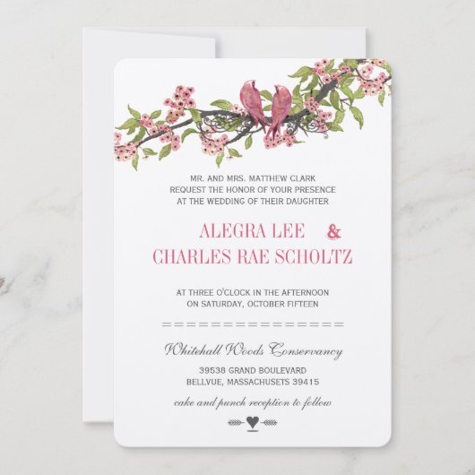 ヴィンテージ ラブバード ピンクとグレイ さくら 招待状 (正面)