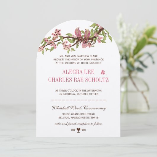 ヴィンテージ ラブバード ピンク 桜 結婚式 招待状 (スタンド正面)