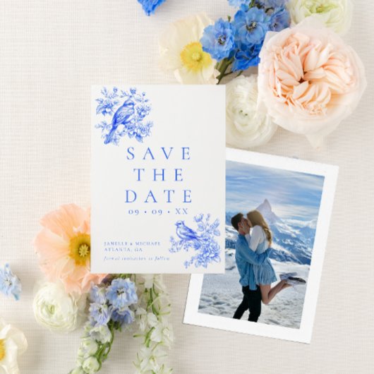 ヴィンテージ ラブバード ブルー シノワズリー フォト ウェディング セーブザデート