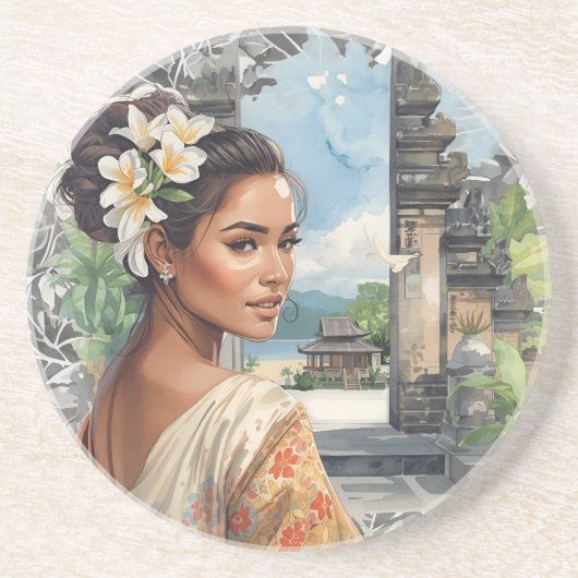 ヴィンテージ ラブリー バリの女性とトロピカルパラダイス コースター (正面)