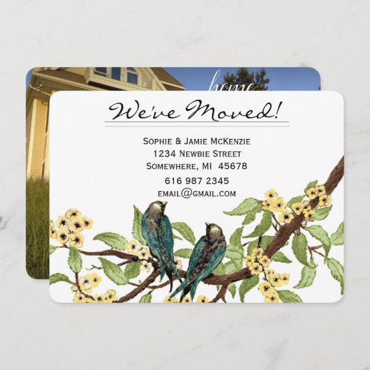 ヴィンテージ ラブ バード あなたの写真が裏にあります 私たちは引っ越しました 招待状 (正面/裏面)