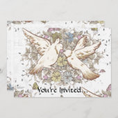 ヴィンテージ·ラブ·バード、2頭の白いハトのフローラ 招待状 (正面/裏面)
