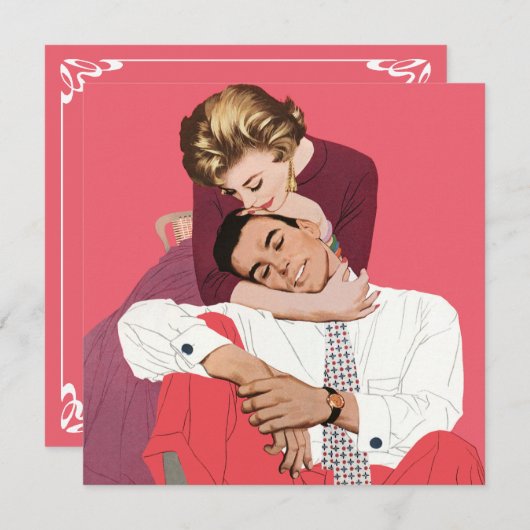 ヴィンテージ ラブ＆ロマンス, ピンクのウェディングカップル, 案内状 (正面/裏面)