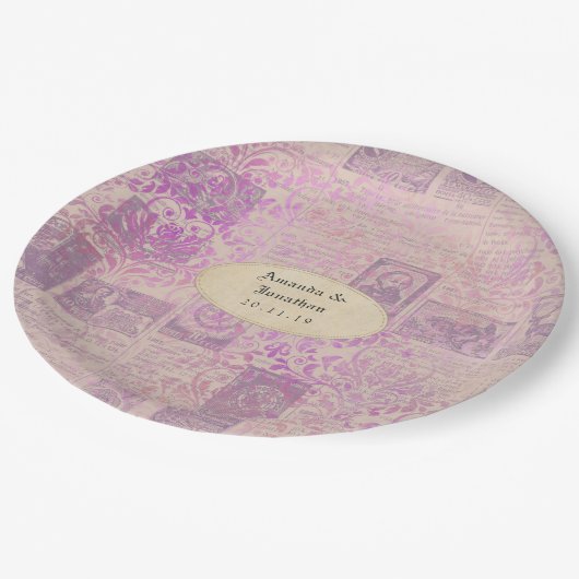 ヴィンテージ ラベンダー エフェメラ ダマスク ウェディング ペーパープレート (アングル)